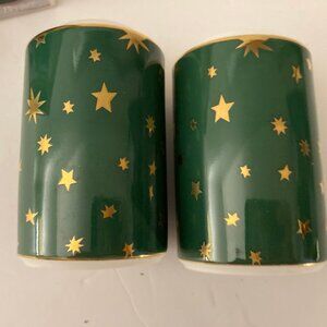 Galaxy Vintage  Porcelain By Sakura Salt & Pepper Shakers Green Gold Stars